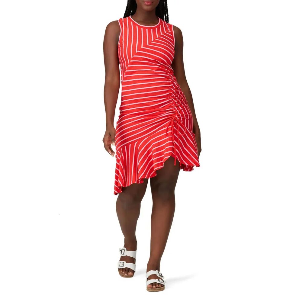 Parker Red and Pink Stripe Asymmetric Ruffled Hem Sleeveless Dress Sz XL